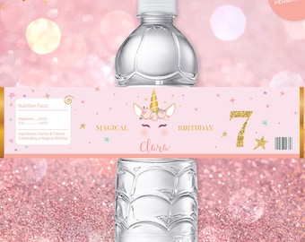 Unicorn Water Bottle Labels, Pink & Gold Unicorn, Unicorn Party Decor - LA12
