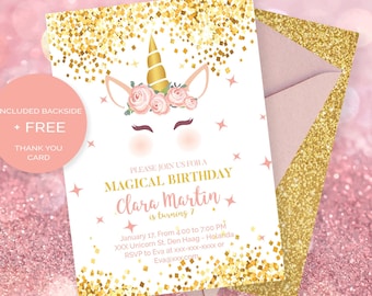 Unicorn Glitter Invitation, Unicorn Card, Magical Unicorn Birthday, Unicorn Party -BP07