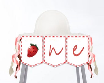 Banner kinderstoel eerste verjaardag aardbei (digitale download)
