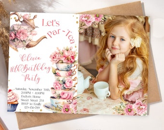 Tea Party Photo Invitation Template Tea Birthday Party Girls Editable Whimsical Tea Party High Tea Floral Invite Let&#39;s Par Tea -BP205
