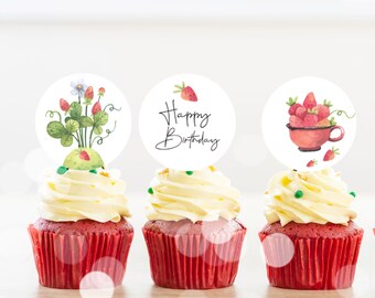 Strawberry Cupcake Birthday Party Decor, Favor Tags Berry Sweet Topper Printable, Digital Download 0005