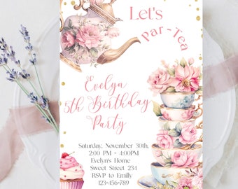 Tea Party Invitation Template Tea Birthday Party Girls Editable Whimsical Tea Party High Tea Floral Evite Pink and Gold Let&#39;s Par Tea BP203