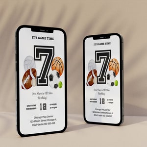 Convite de aniversário editável para todos os esportes, modelo eletrônico de esportes conjuntos para celebração de festa - EP196