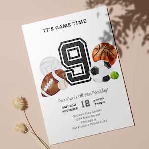 Convite para festa esportiva editável, modelo de aniversário, convite para todas as celebrações esportivas - BP195