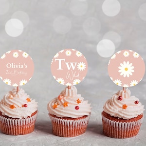 Daisy 2nd Birthday Cupcake Toppers: Groovy Party Decor (Digital Printable)