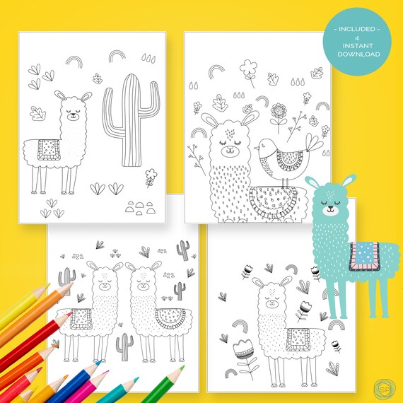Llama Coloring Pages Cute Llama INSTANT DOWNLOAD Birthday | Etsy