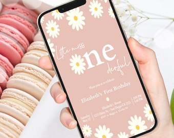 May include: A pink and white digital invitation with a daisy pattern. The text reads "Little Miss *ne derful" and "Please join us to celebrate Elizabeth's First Birthday". The invitation includes the date, time, and location of the party.