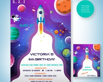 Invitación de cumpleaños de cohete espacial: temática de astronautas (descarga digital)