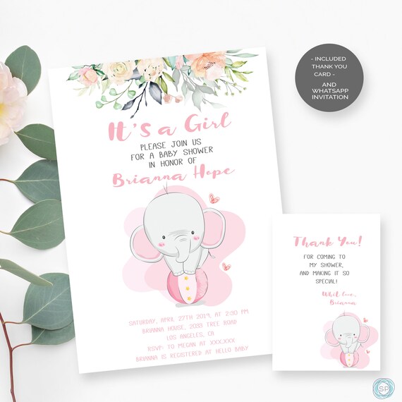 Baby Girl Announcement Elephant Invitationbaby Shower Etsy