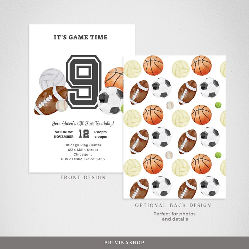 May include: A sports-themed birthday invitation with a large black number 9, a watercolor background of various sports balls, and the text "It's Game Time!" and "Join Owen's All Star Birthday!"