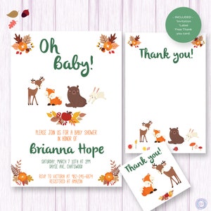 Woodland Baby Shower Invitation: Forest Animals, Greenery (JPG & PDF)