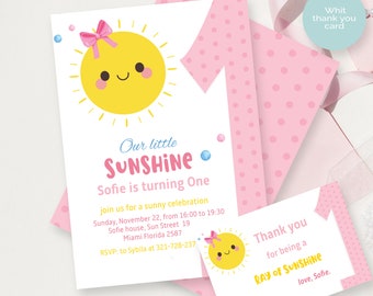 Sunshine First Birthday Invitation: Girl, Pink Bow (PDF, JPG)