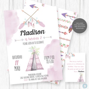 Boho uitnodiging, uitnodiging voor verjaardagsfeestje, tipi verjaardagsuitnodiging, Dream Catcher roze uitnodigen-BP58