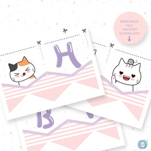 Happy Birthday Banner kitten kawaii, Pink Cat Banner, Kitten Birthday Girl -  INSTANT DOWNLOAD -BA80