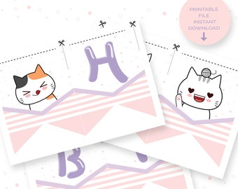 Happy Birthday Banner gattino kawaii, Pink Cat Banner, Kitten Birthday Girl - DOWNLOAD IMMEDIATO -BA80