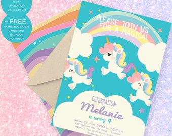 Unicorn First Birthday Invitation, Unicorn Party Invite, Rainbow Invite -BP15