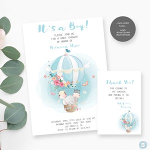 Safari Baby Shower Invitation Boy: Hot Air Balloon Animals (Digital Printable)