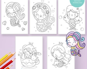 Mermaid coloring pages, kawaii siren, under the sea, Mermaid Clipart Digital Stamps  INSTANT DOWNLOAD -GC98