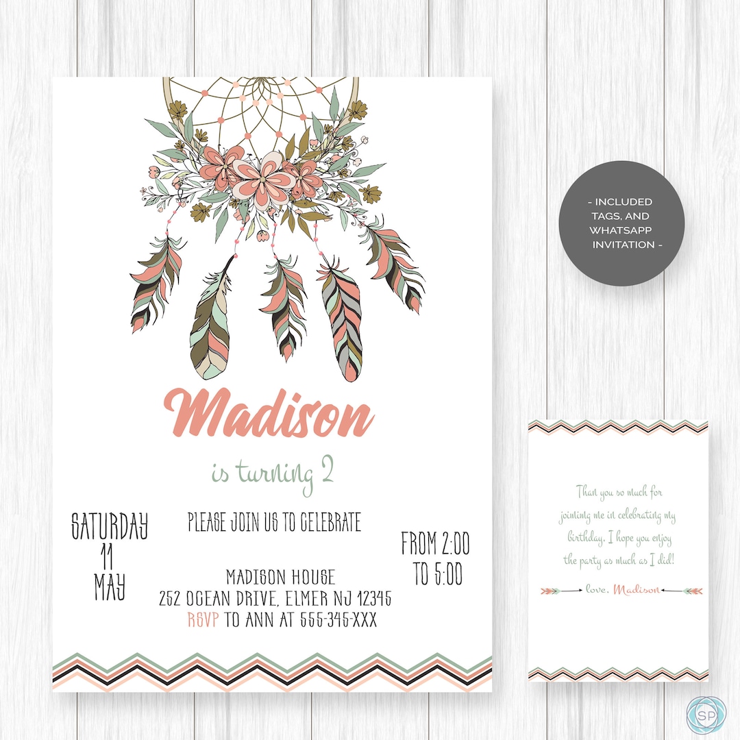 Dreamcatcher Boho Birthday Invitation Watercolor Card Boho Etsy