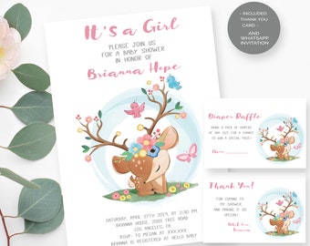 Deer Baby Shower Invitation, Rustic Little Deer, Watercolor Girl Invite  - BS55