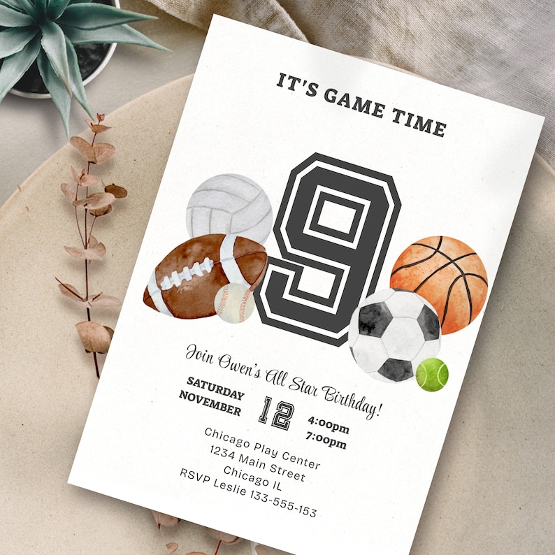 May include: A white invitation with black text for a 9th birthday party. The invitation features a large black number 9 with a white outline and a variety of sports balls including a basketball, soccer ball, baseball, football, and volleyball. The text reads "It's Game Time" and "Join Owen's All Star Birthday!" with the date and time of the party. The invitation also includes the location and RSVP information.