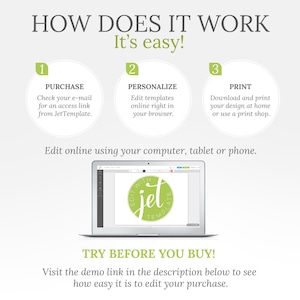 May include: A green and white graphic showing how to use a digital template. The graphic shows three steps: purchase, personalize, and print. The graphic also shows a laptop screen with a mockup of a template being edited. The text on the screen says "Edit with Jet Template".
