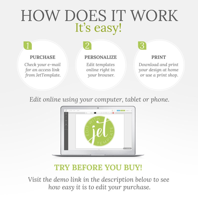 May include: A green and white graphic showing how to use a digital template. The graphic shows three steps: purchase, personalize, and print. The graphic also shows a laptop screen with a mockup of a template being edited. The text on the screen says "Edit with Jet Template".