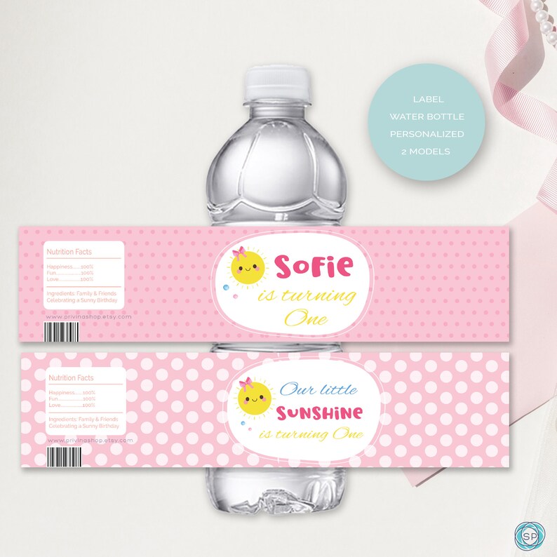 LA122 Our little sunshine birthday label Water Bottle Labels Sunshine Party decorations 1st Birthday