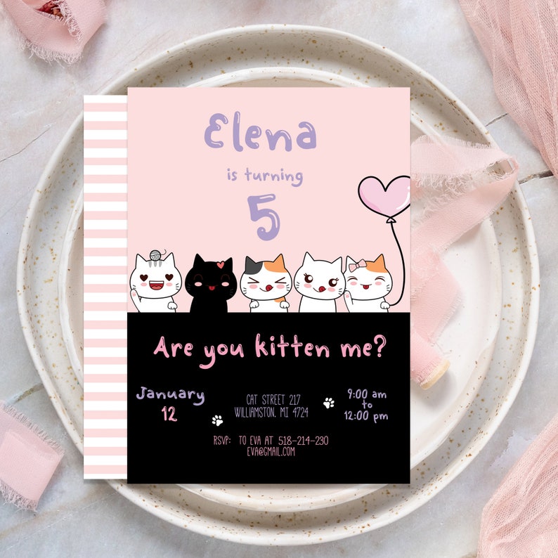 Cat Birthday Invitation for Girl Happy Birthday Card With - Etsy