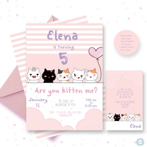 Invitation d'anniversaire de chat, invitation de chaton Kawaii, invitation d'anniversaire de chaton -BP78