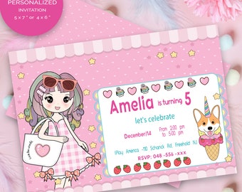 Pink Birthday Invitation, Kawaii Birthday Party, Editable Invitation -BP30