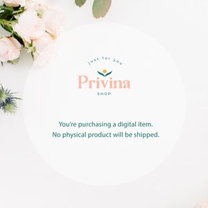 May include: White background with a circle containing the text "just for you" and the logo "Privina SHOP" with a stylized green plant and orange sun. The text below the logo reads "You're purchasing a digital item. No physical product will be shipped."
