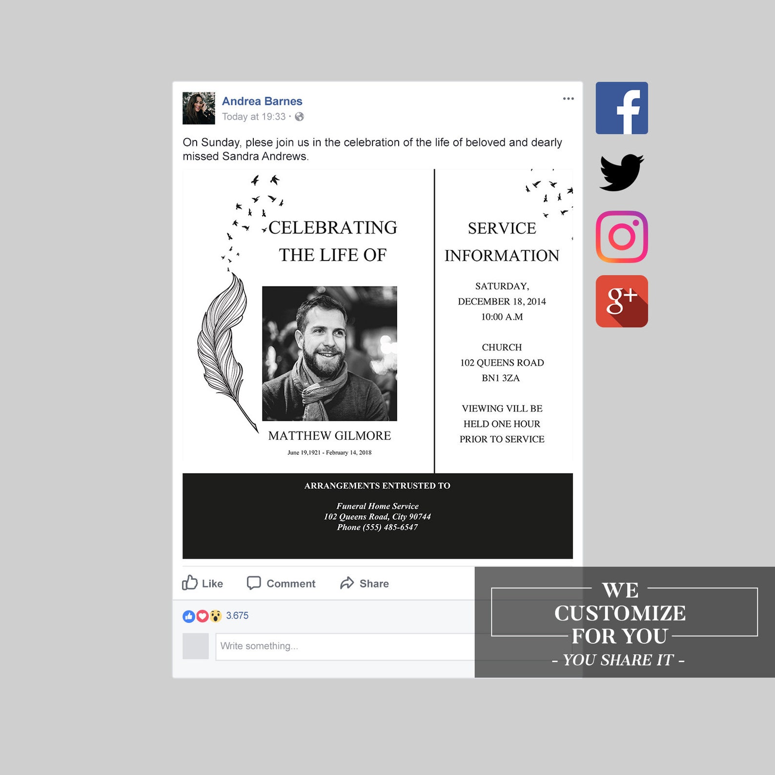Funeral Social Media Announcement Facebook Template Etsy