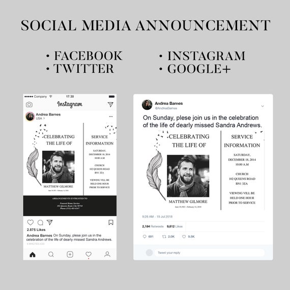 Funeral Social Media Announcement Facebook Template Etsy