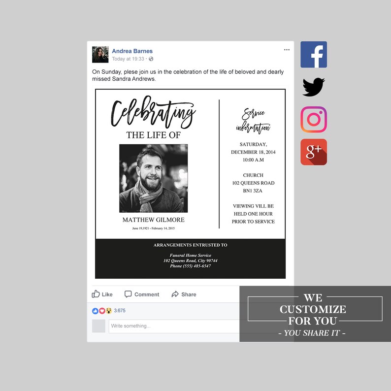Funeral Social Media Announcement Facebook Template Etsy