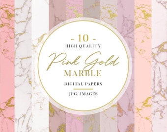 May include: A set of 10 digital papers featuring pink and gold marble patterns. The papers are high quality JPG images.
