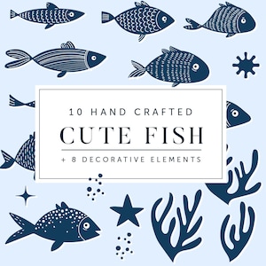 Digital Summer Fish Clipart - Hand drawn sealife set - simple minimal line illustration