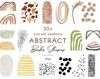 Abstract boho shapes clip art, simple geometric illustrations, colorful textured graphics