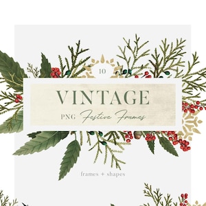 Vintage ramki z zielenią świąteczną, clipart, PNG świąteczne zimowe ramki botaniczne na kartki świąteczne, wesela