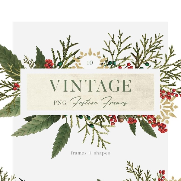 Vintage Christmas greenery frames clip art, PNG festive winter botanical frames for holiday cards, weddings