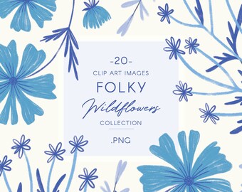 Blue Wildflower Clipart: Hand-Drawn Folky Florals (PNG Digital Download)