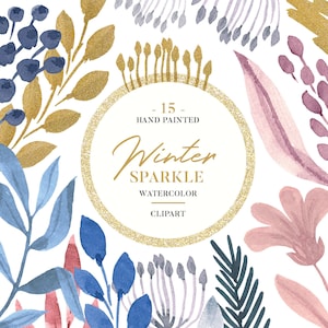 Wintersprankeling, bloemenaquarel en gouden illustraties, 15 handgeschilderde bloemen en bladeren