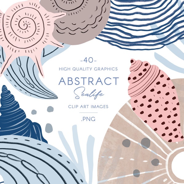 Abstract sea life Clip art, seashells, urchins, corals & hand drawn shapes illustration, blue and pink watercolor graphics