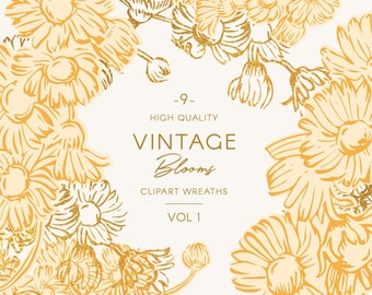 Vintage Botanical wreaths & frames clip art, gold and grey flower sketches