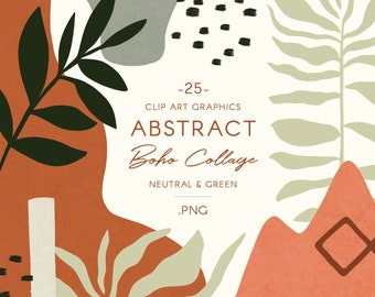 Abstract boho collage clip art, Neutral modern graphics, simple shapes & foliage