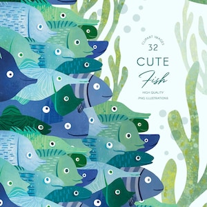 Cute Fish Clipart, ilustrações de vida marinha em aquarela azul e verde - algas, corais e peixes, download instantâneo