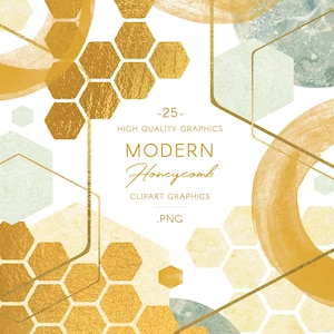 Watercolor & Gold Honeycomb clip art, geometric hex shapes, transparent and opaque images