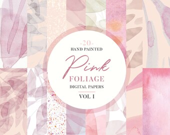 Abstract Pink foliage watercolor Digital Paper, 20 Botanical backdrops, hand painted leaves pattern