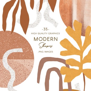 Imágenes prediseñadas de formas modernas, hojas abstractas, círculos, papel digital e ilustraciones simples, arte de collage de textura moteada