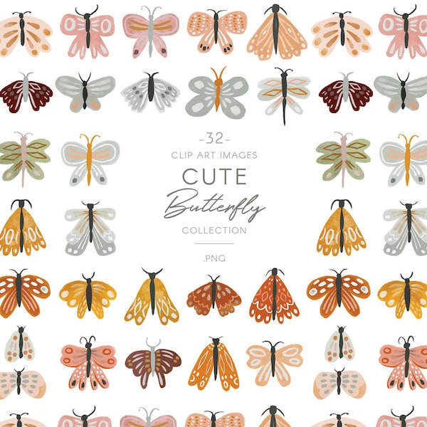 Gouache Butterfly Clipart - pink, blue, orange, gray & yellow butterflies, cute boho animal nursery graphics